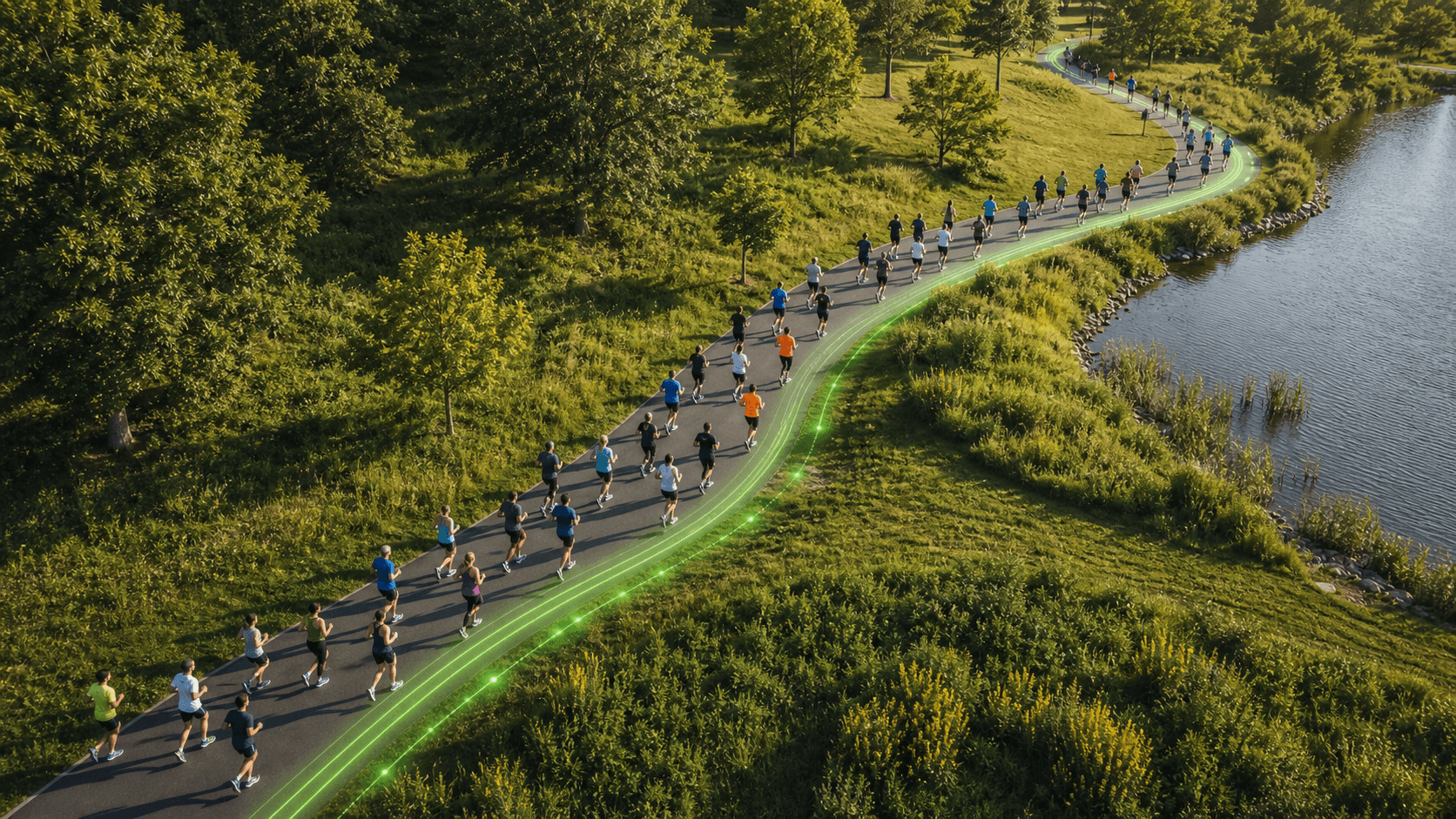 Diverse group of runners on a path with green energy trail accents
