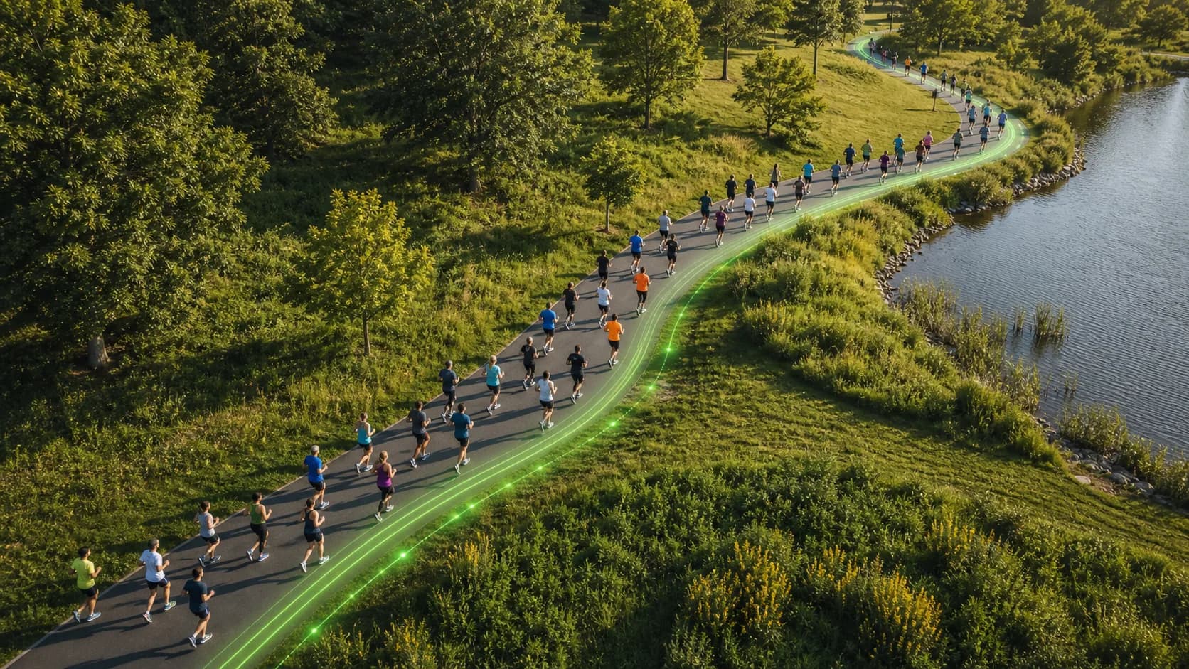Diverse group of runners on a path with green energy trail accents