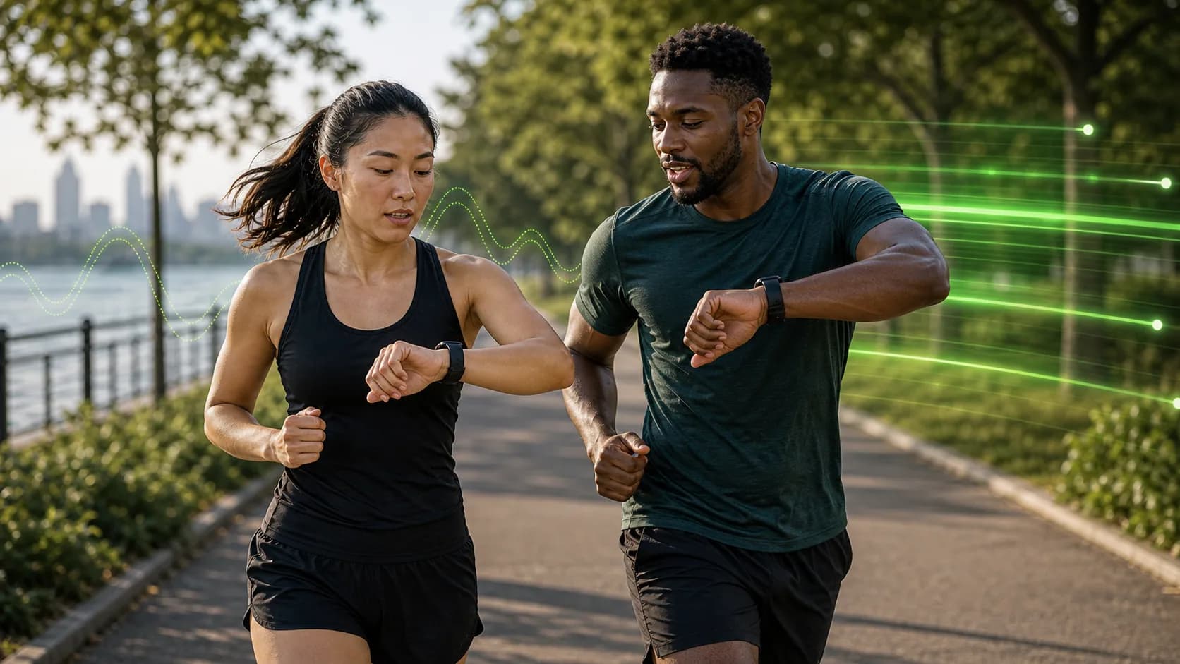Two runners checking pace and speed on a running path
