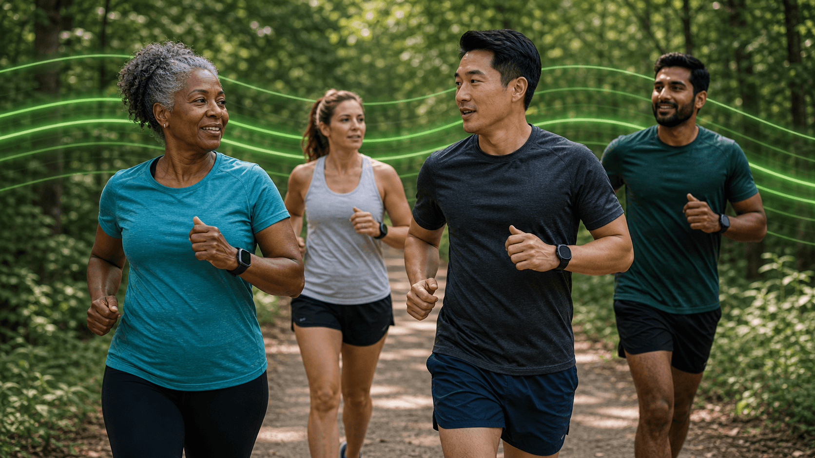 Diverse running group jogging comfortably on a shaded trail