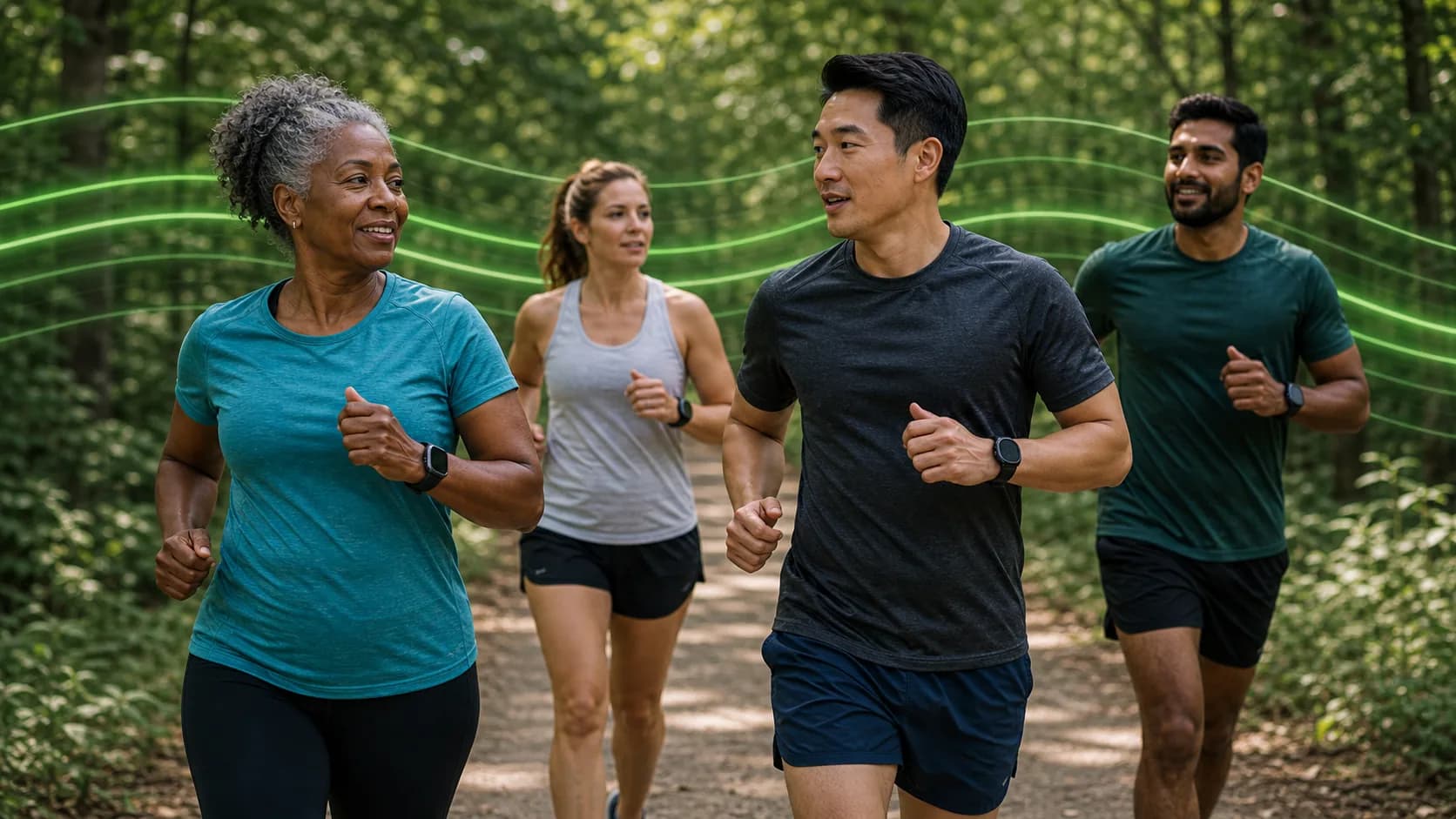 Diverse running group jogging comfortably on a shaded trail